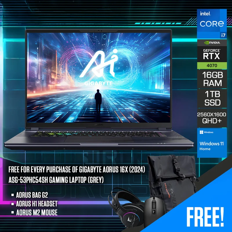 Gigabyte Aorus 16X (2024) ASG-53PHC54SH Gaming Laptop (Grey) | 16" QHD+ 165Hz | i7-14650HX | 16GB RAM | 1TB SSD | RTX 4070 | Windows 11 Home | Aorus Bag G2 | Aorus H1 Headset | Aorus M2 Mouse