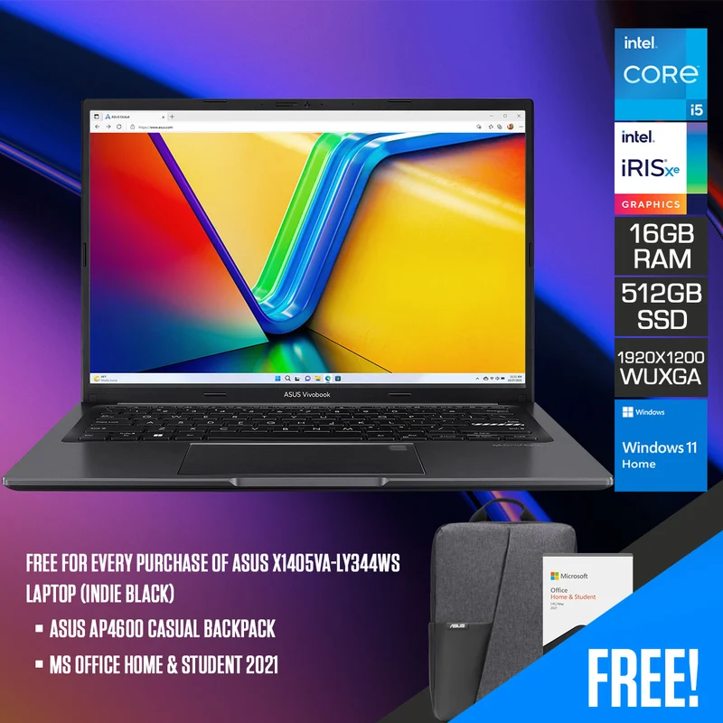 Asus X1405VA-LY344WS Laptop (Indie Black) | 14" WUXGA 16:10 IPS | i5-13500H | 16GB RAM | 512GB SSD | Iris XE | Windows 11 Home | MS Office Home & Student 2021 | AP4600 Backpack
