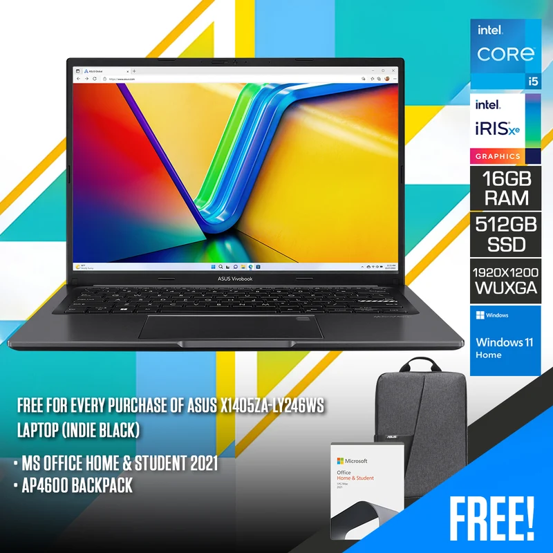 Asus X1405ZA-LY246WS Laptop (Indie Black) | 14" WUXGA 16:10 IPS | i5-1235U | 16GB RAM | 512GB SSD | Iris Xe | Windows 11 Home | MS Office Home & Student 2021 | AP4600 Backpack
