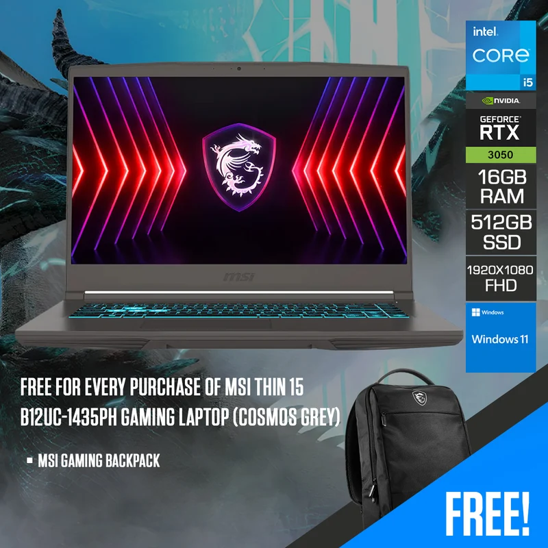 MSI Thin 15 B12UC-1435PH Gaming Laptop (Cosmos Gray) | 15.6" FHD (1920X1080) IPS 144HZ | i5-12450H | 16GB RAM | 512GB SSD | RTX 3050 | Windows 11 | MSI Essential Backpack
