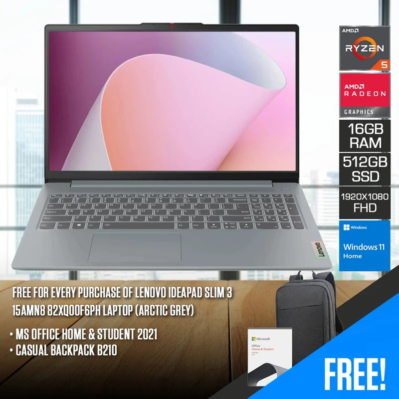Lenovo Ideapad Slim 3 15AMN8 82XQ00F6PH Laptop (Arctic Grey) | 15.6" FHD (1920X1080) | Ryzen 5 7520U | 16GB RAM | 512GB SSD | Integrated AMD Radeon 610M Graphics | Windows 11 Home | MS Office Home & Student 2021 | Casual Backpack B210