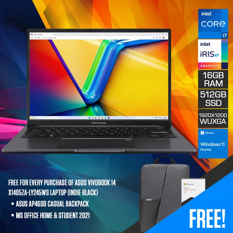 Asus Vivobook 14 X1405ZA-LY245WS Laptop (Indie Black) | 14" WUXGA (1920X1200) | i7-1255U | 16GB RAM | 512GB SSD | Intel Iris Xe Graphics | MS Office Home & Student 2021 | Asus AP4600 Casual Backpack