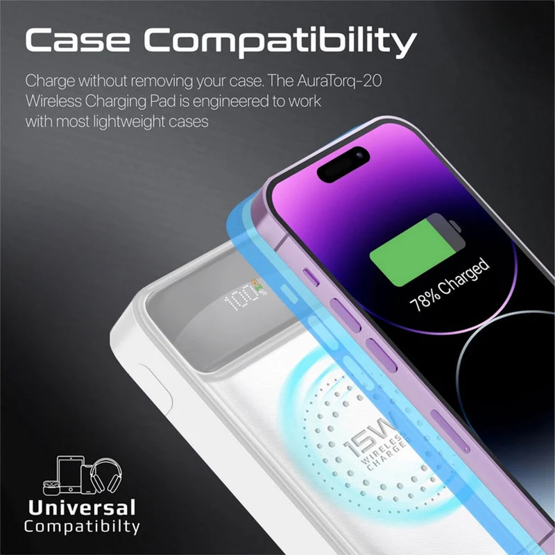 Promate Auratorq-20 20000mAH Ultra Slim 15W Wireless Charging Power Bank with 20W PD & Quck Charge 3.0