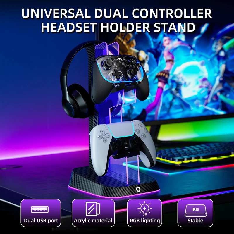 IINE RGB Universal Dual Controller Headset Holder Stand For N-Switch / Xbox / PS5 (Black) (L921)