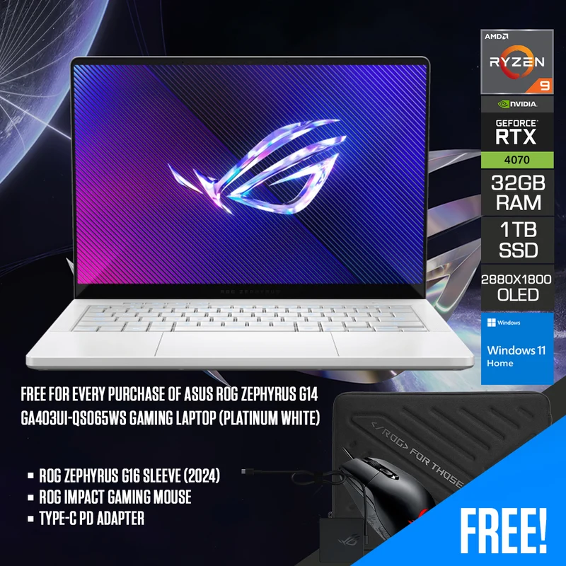 Asus ROG Zephyrus G14 GA403UI-QS065WS Gaming Laptop (Platinum White) | 14" 3K (2880x1800) OLED 120Hz | R9-8945HS | 32GB RAM | 1TB SSD | RTX 4070 | Windows 11 Home | ROG Zephyrus G14 Sleeve (2024) | ROG Impact Gaming Mouse | Type-C PD Adapter