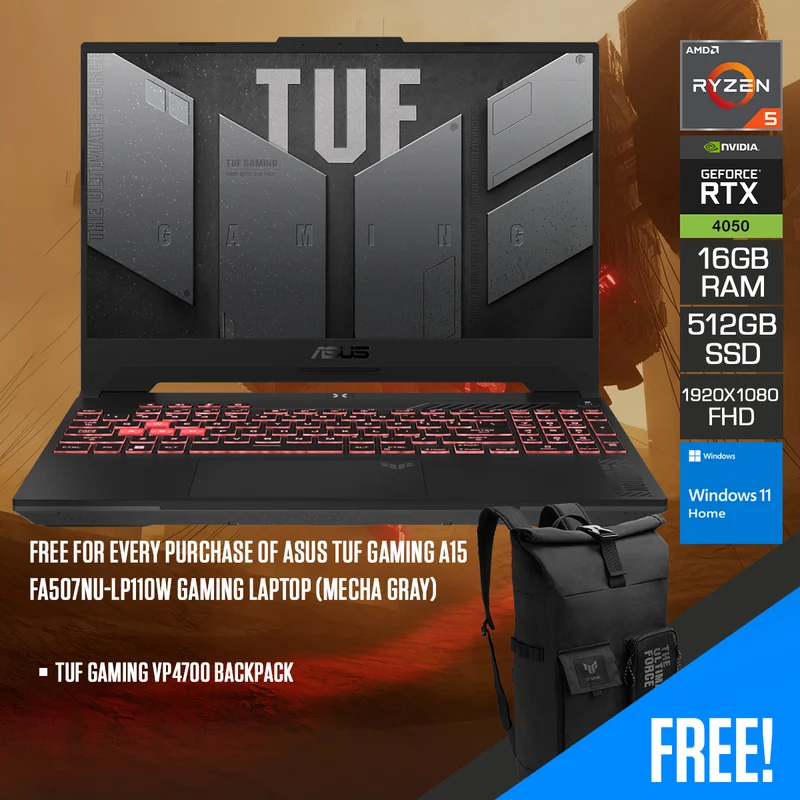 Asus TUF Gaming A15 FA507NU-LP110W Laptop (Mecha Gray) | 15.6" FHD | Ryzen 5 7535HS | 16GB DDR5 | 512GB SSD | Geforce RTX 4050 | Windows 11 Home | TUF Gaming VP4700 Backpack