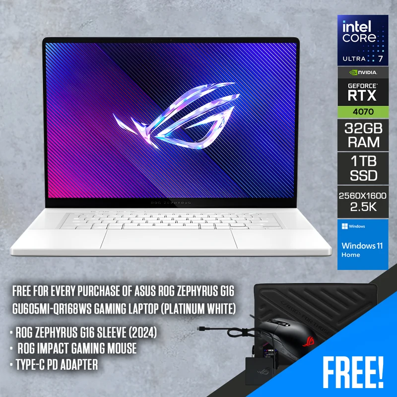 Asus ROG Zephyrus G16 GU605MI-QR168WS Gaming Laptop (Platinum White) | 16" 2.5K (2560x1600) WQXGA OLED 240Hz | i7-Ultra 155H | 32GB RAM | 1TB SSD | RTX 4070 | Win 11 Home | ROG Zephyrus G16 Sleeve (2024) | ROG Impact Gaming Mouse | Type-C PD Adapter