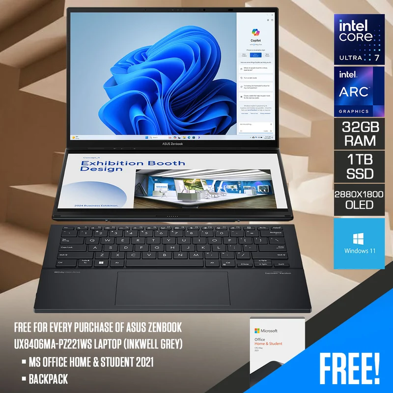 Asus Zenbook Duo UX8406MA-PZ221WS Laptop (Inkwell Grey) | 14" 3K OLED 16:10 Touch | Ultra 7 155H | 32GB RAM | 1TB SSD | Iris Arc | Windows 11 | MS Office Home & Student 2021 | Backpack