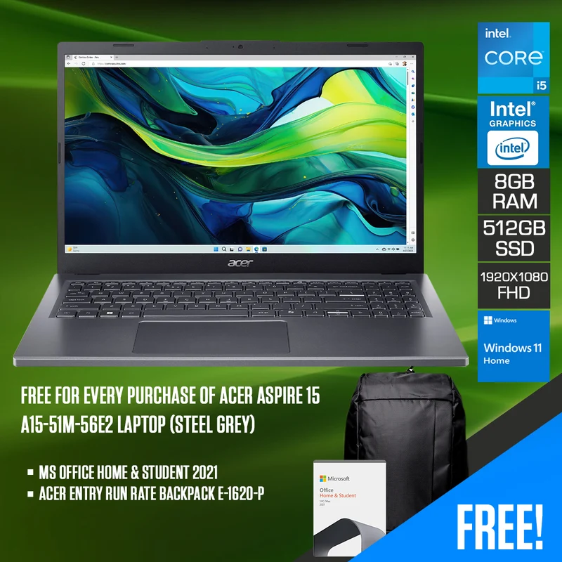 Acer Aspire 15 A15-51M-56E2 Laptop (Steel Grey) | 15.6" FHD (1920x1080) IPS | i5-120U | 8GB RAM | 512GB SSD | Intel Graphics | Windows 11 Home | MS Office Home & Student 2021 | Acer Entry Run Rate Backpack E-1620-P
