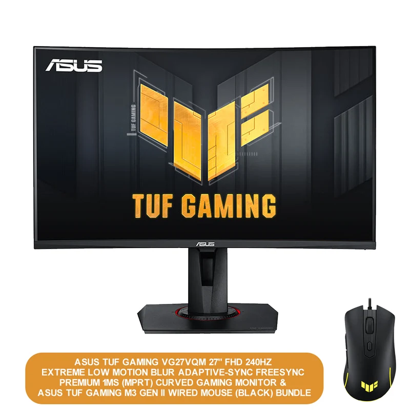 Asus TUF Gaming VG27VQM 27" FHD 240HZ Extreme Low Motion Blur Adaptive-Sync Freesync Premium 1MS (MPRT) Curved Gaming Monitor | Asus TUF Gaming M3 GEN II Wired Mouse (Black) Bundle