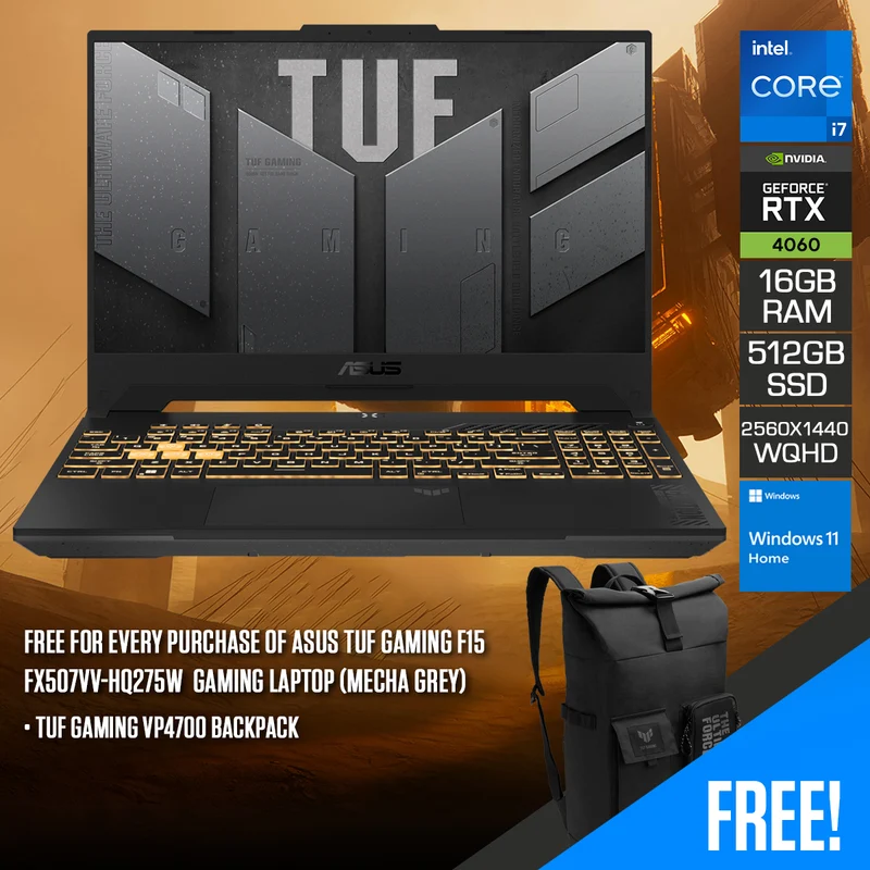 Asus TUF Gaming F15 FX507VV-HQ275W Gaming Laptop (Mecha Grey) | 15.6" WQHD (2560X1440) | i7-13620H | 16GB RAM | 512GB SSD | RTX 4060 | Windows 11 Home | TUF Gaming VP4700 Backpack
