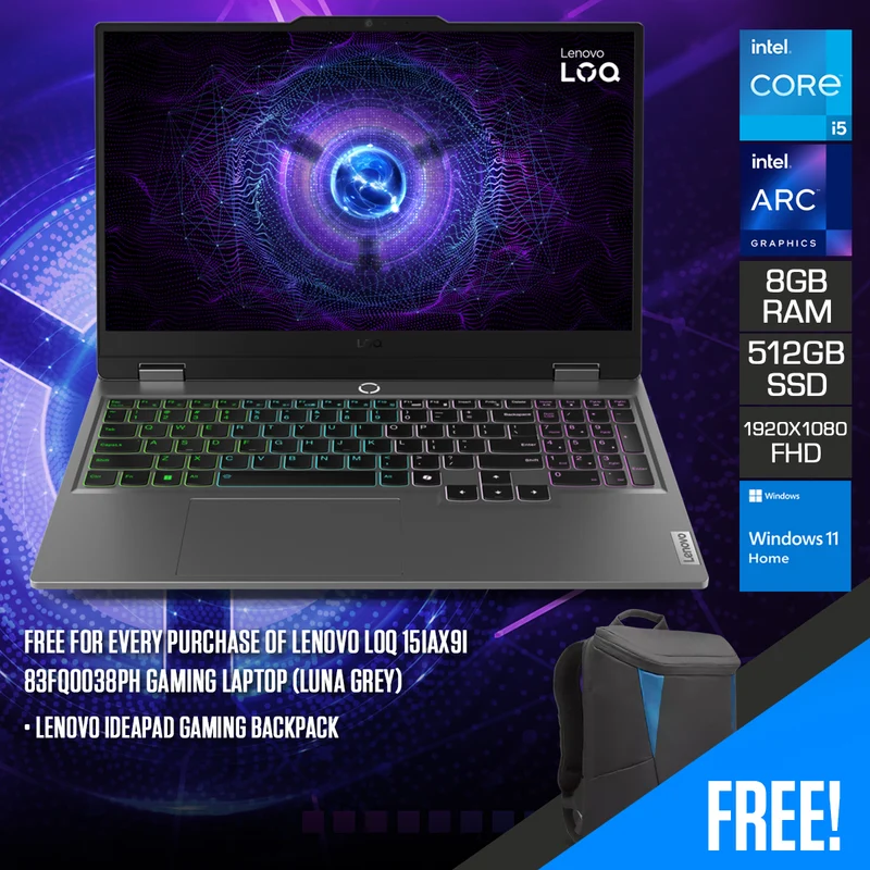 Lenovo LOQ 15IAX9I 83FQ0038PH Gaming Laptop (Luna Grey) | 15.6" FHD (1920x1080) IPS | i5-12450HX | 8GB RAM | 512GB SSD | Intel Arc A530M | Windows 11 Home| Lenovo IdeaPad Gaming Backpack
