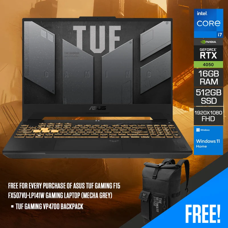 Asus TUF Gaming F15 FX507VU-LP141W Gaming Laptop (Mecha Grey) | 15.6" FHD (1920x1080) | i7-13620H | 16GB RAM | 512GB SSD | RTX 4050 | Windows 11 Home | TUF Gaming VP4700 Backpack