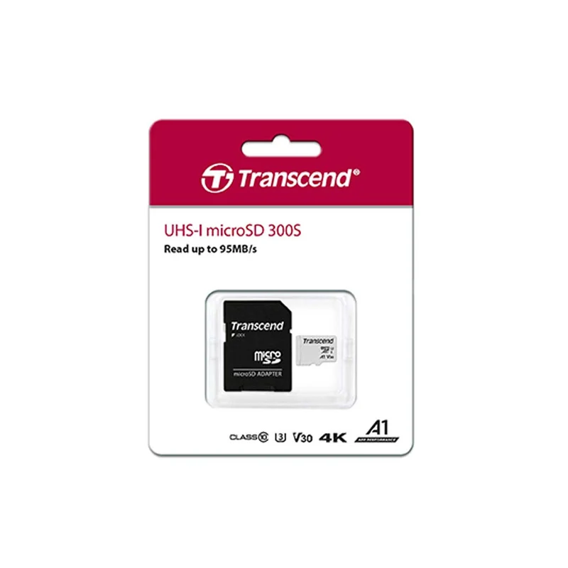 Transcend 300S MicroSDXC I UHS-I Class 10 A1 100MB/S Read Memory Card With SD Adapter (32GB, 64GB, 256GB, 512GB)