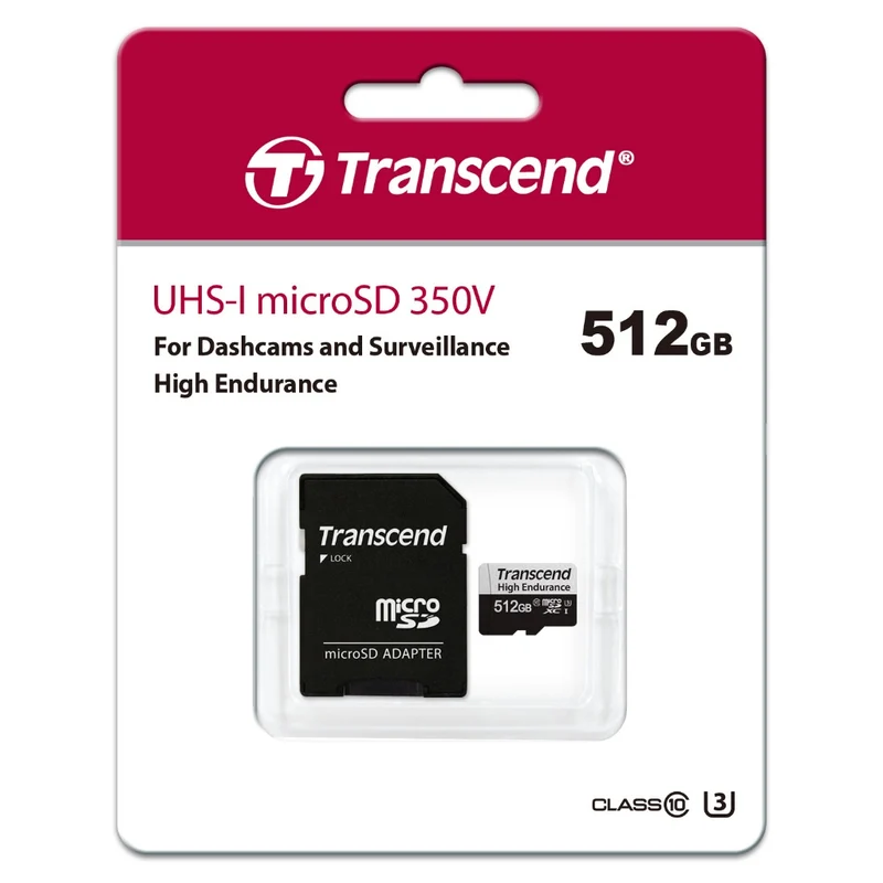 Transcend 350V High Endurance MicroSDXC UHS-I Class 10 100MB/S Read Memory Card With SD Adapter for Dashcams & Surveillance (64GB, 128GB, 256GB, 512GB)