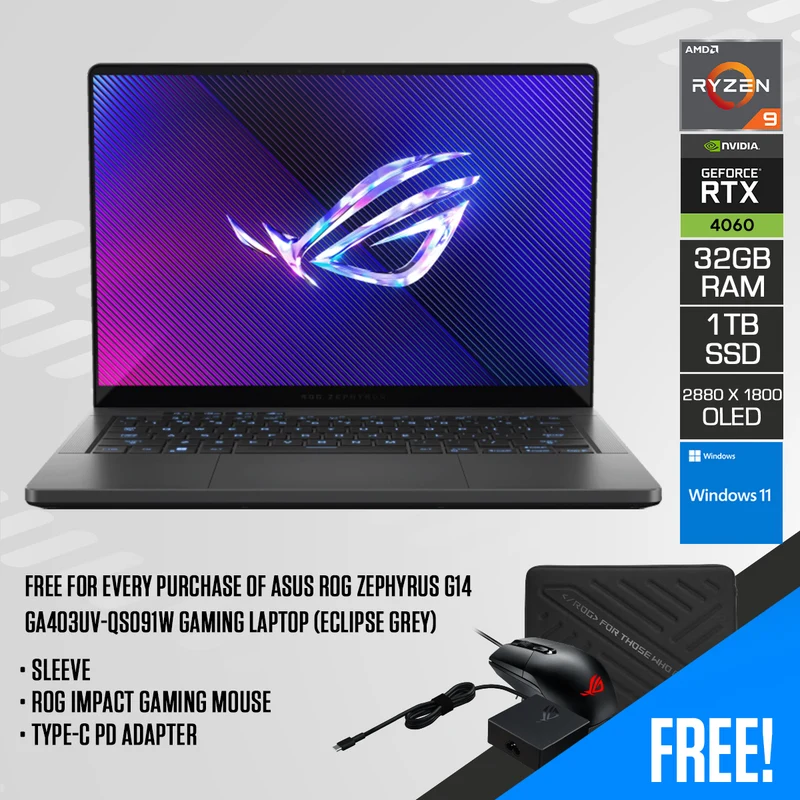 Asus ROG Zephyrus G14 GA403UV-QS091W Gaming Laptop (Eclipse Grey) | 14" WQXGA OLED 120Hz | R9-8945HS | 32GB RAM | 1TB SSD | RTX 4060 | Windows 11 Home | Sleeve | Rog Impact Gaming Mouse | Type-C PD Adapter