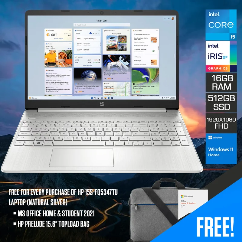 HP 15S-FQ5347TU Laptop (Natural Silver) | 15.6" FHD (1920X1080) | I5-1235U | 16GB RAM | 512GB SSD | Intel Iris Xe Graphics | Windows 11 Home | MS Office Home & Student 2021 | HP Prelude 15.6" Topload Bag