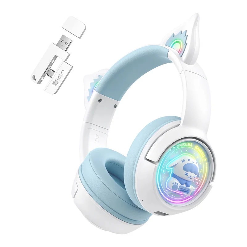Onikuma B5 RGB Cat Ear Wireless Gaming Headset (White/Blue, Off-White, Pink)