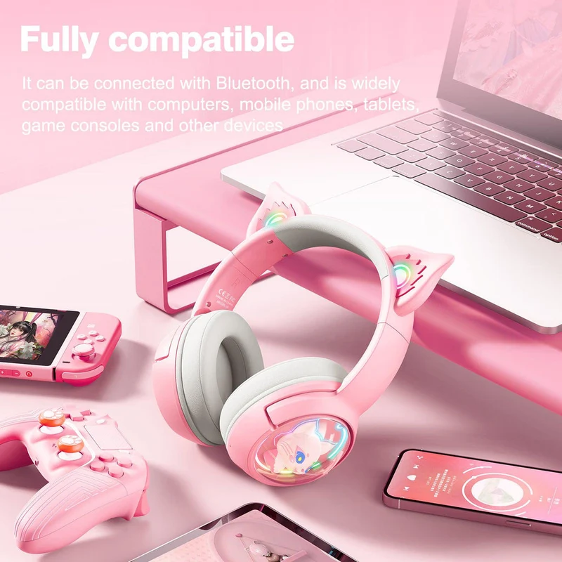 Onikuma B5 RGB Cat Ear Wireless Gaming Headset (White/Blue, Off-White, Pink)
