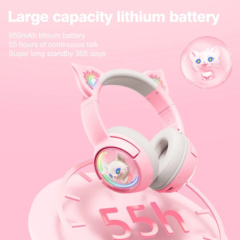 Onikuma B5 RGB Cat Ear Wireless Gaming Headset (White/Blue, Off-White, Pink)