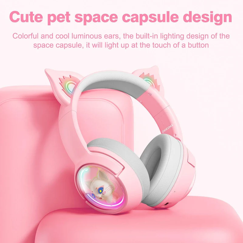 Onikuma B5 RGB Cat Ear Wireless Gaming Headset (White/Blue, Off-White, Pink)