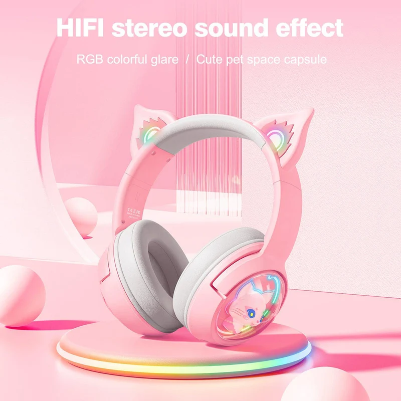 Onikuma B5 RGB Cat Ear Wireless Gaming Headset (White/Blue, Off-White, Pink)
