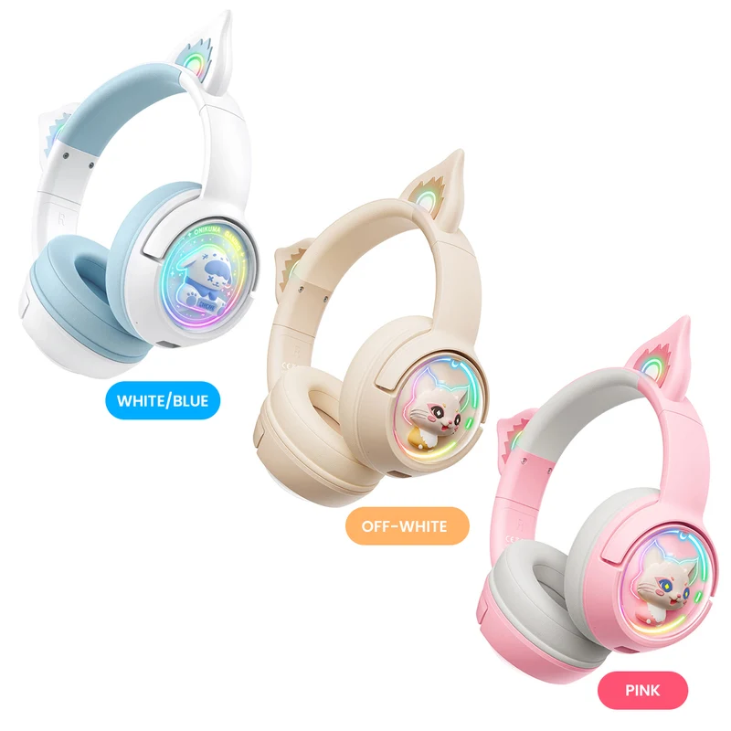 Onikuma B5 RGB Cat Ear Wireless Gaming Headset (White/Blue, Off-White, Pink)