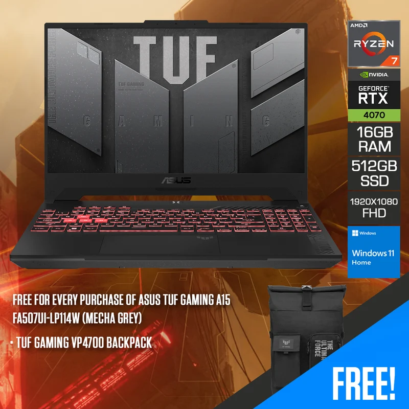 ASUS TUF Gaming A15 FA507UI-LP114W Gaming Laptop (Mecha Grey) | 15.6" FHD (1920X1080) 144HZ | R7-8845HS | 16GB RAM | 512GB SSD | RTX 4070 | Windows 11 Home | TUF Gaming VP4700 Backpack