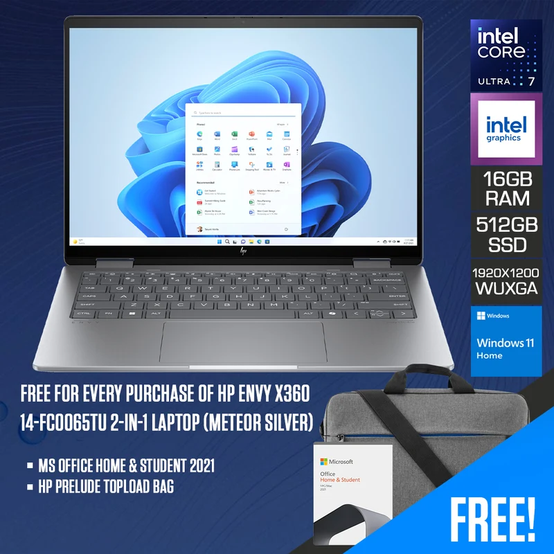 HP Envy X360 14-FC0065TU 2-in-1 Laptop (Meteor Silver) | 14.0" WUXGA IPS (1920x1200) | Ultra 7-155U | 16GB RAM | 512GB SSD | Intel integrated Graphics | Windows 11 | MS Office Home & Student 2021 | HP Prelude Topload Bag