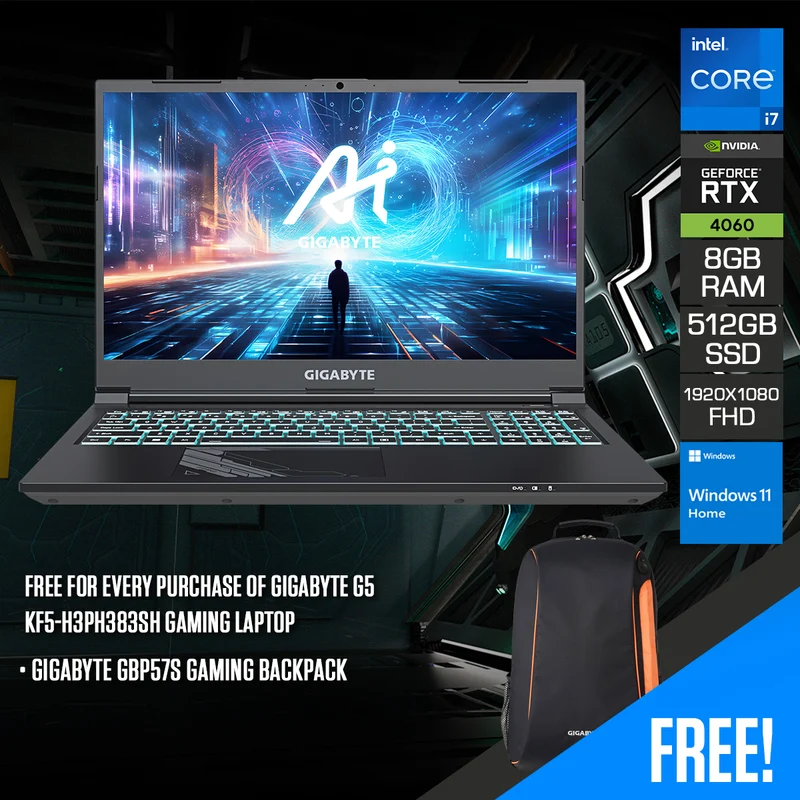 Gigabyte G5 KF5-H3PH383SH Gaming Laptop | 15.6" FHD (1920X1080) 144HZ | i7-13620H | 8GB RAM | 512GB SSD | RTX 4060 | Windows 11 Home | Gigabyte GBP57S Gaming Backpack