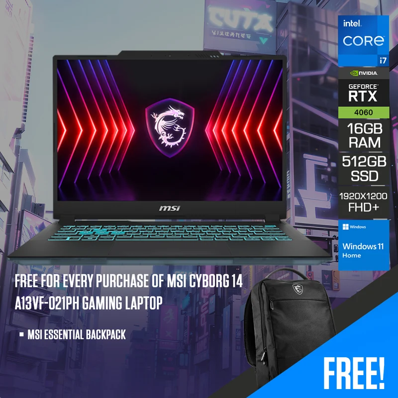 MSI Cyborg 14 A13VF-021PH Gaming Laptop | 14" FHD+ (1920x1200) 144Hz | i7-13620H | 16GB RAM | 512GB SSD | RTX 4060 | Windows 11 Home | MSI Essential Backpack