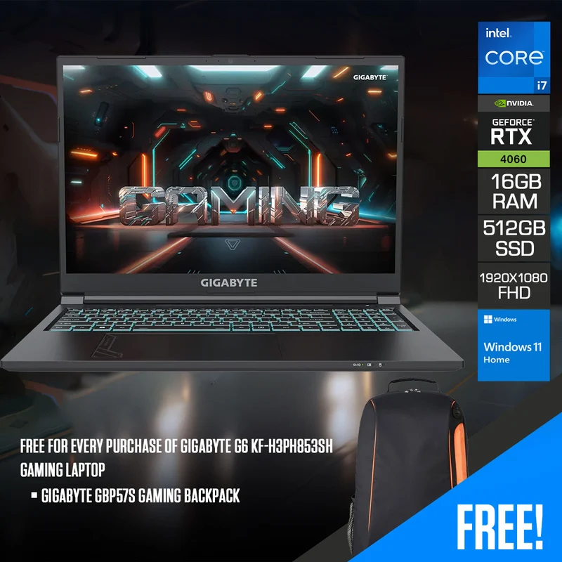 Gigabyte G6 KF-H3PH853SH Gaming Laptop | 16" FHD+ | i7-13620H | 16GB RAM | 512GB SSD | RTX 4060 | Windows 11 Home | Gigabyte GBP57S Gaming Backpack