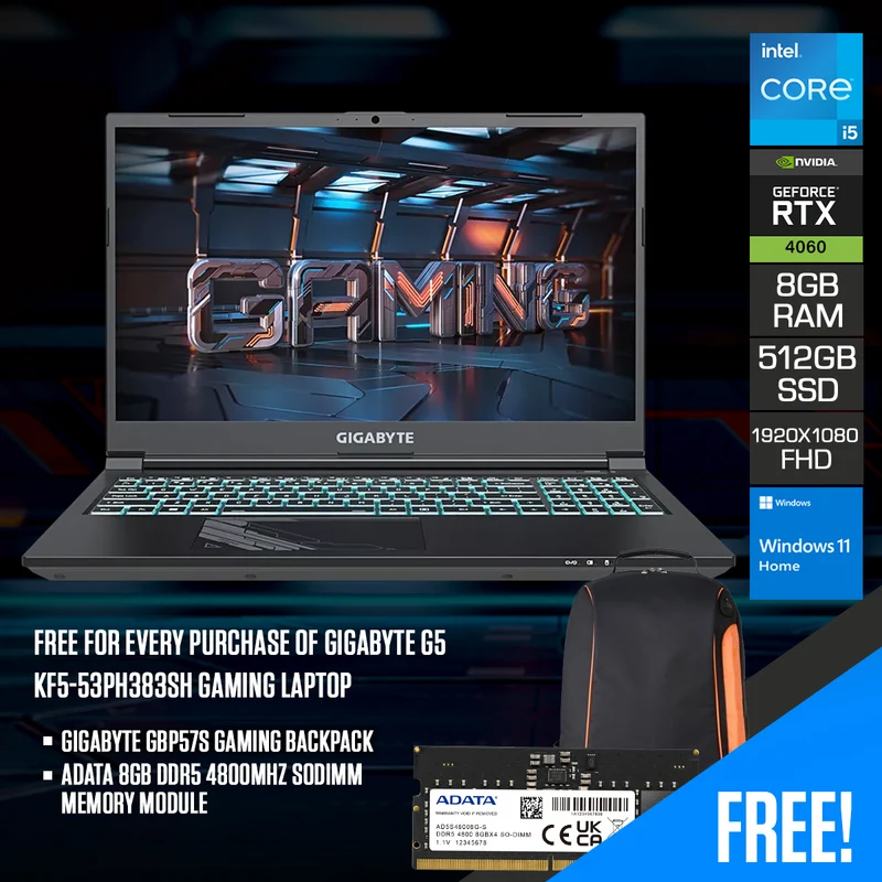 Gigabyte G5 KF5-53PH383SH Gaming Laptop| 15.6" FHD | i5-13500H | 8GB RAM | 512GB SSD | RTX 4060 | Windows 11 Home | Gigabyte GBP57S Gaming Backpack | Free Adata 8GB DDR5 4800MHZ SODIMM Memory Module