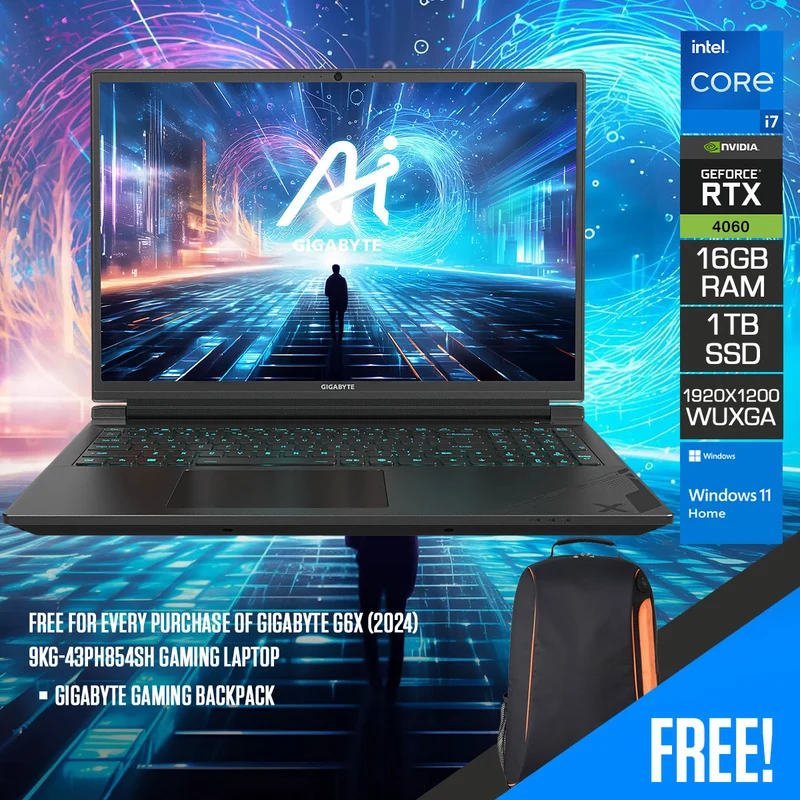 Gigabyte G6X (2024) 9KG-43PH854SH Gaming Laptop | 16" FHD+ (1920x1200) 165Hz | i7-13650HX | 16GB RAM | 1TB SSD | RTX 4060 | Windows 11 Home | Gigabyte Gaming Backpack