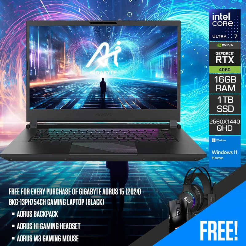 GIGABYTE AORUS 15 (2024) BKG-13PH754CH Gaming Laptop (Black) | 15.6" QHD (2560X1440) 165Hz | Ultra 7 155H | 16GB RAM | 1TB SSD | RTX 4060 | Windows 11 Home | Aorus Backpack | Aorus H1 Gaming Headset | Aorus M3 Gaming Mouse