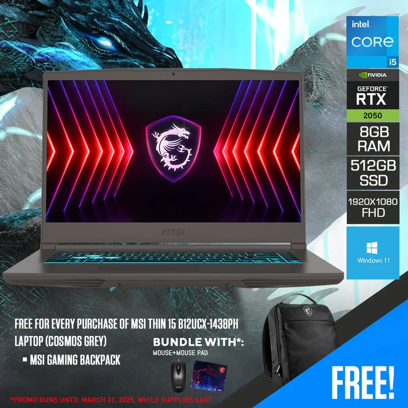 MSI Thin 15 B12UCX-1438PH Laptop (Cosmos Grey) | 15.6" FHD (1920x1080) 144Hz IPS | i5-12450H | 8GB RAM | 512GB SSD | RTX 2050 | Windows 11 | MSI Gaming Backpack
