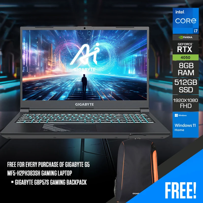 Gigabyte G5 MF5-H2PH383SH Gaming Laptop | 15.6" FHD (1920X1080) 144HZ | I7-13620H | 8GB RAM | 512GB SSD | RTX 4050 | Windows 11 Home | Gigabyte GBP57S Gaming Backpack