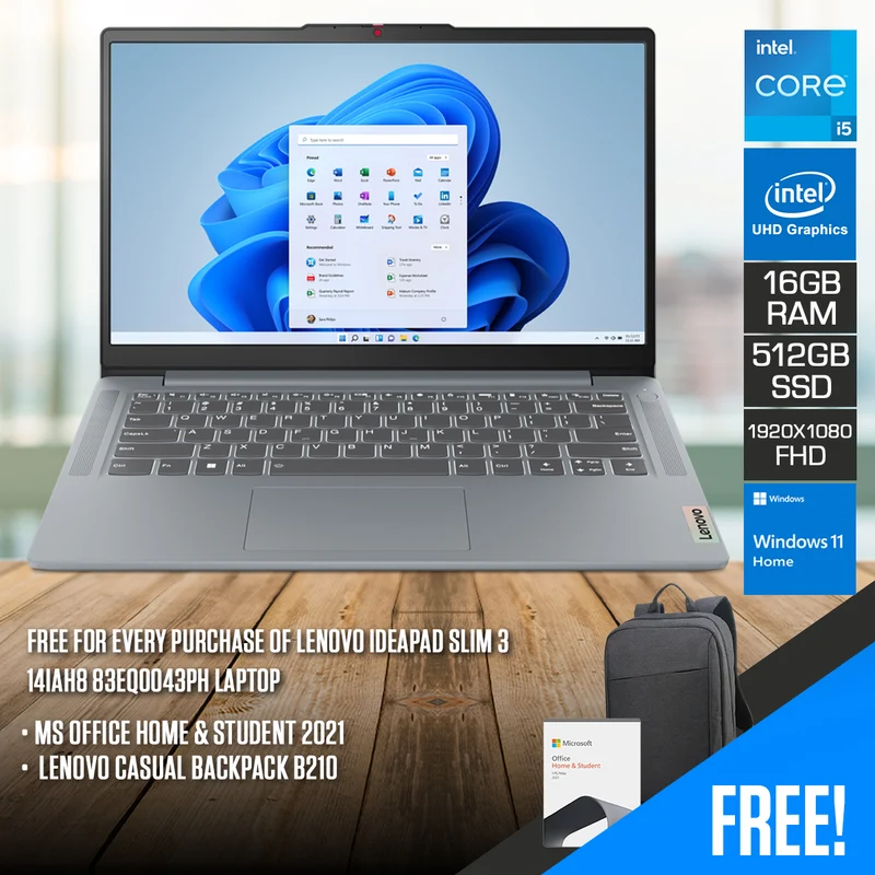Lenovo Ideapad Slim 3-14IAH8 83EQ0043PH Laptop (Arctic Grey) | 14" FHD (1920X1080) | I5-12450H | 16GB RAM | 512GB SSD | Intel Integrated Graphics | Windows 11 Home | MS Office Home & Student 2021 | Lenovo Casual Backpack B210
