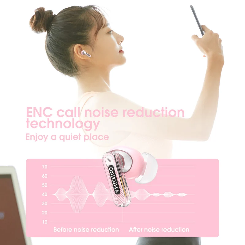 Onikuma T5 Trend Wireless Earphones With Hi-Fi Sound Quality & Noise Reduction (Blue, Pink, Purple)