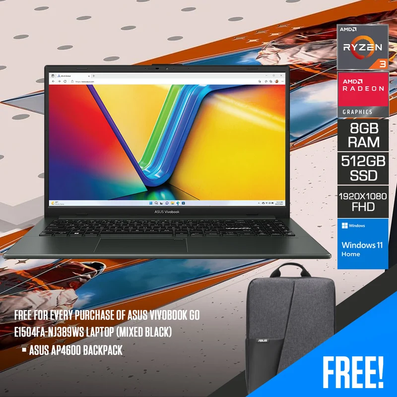 Asus Vivobook Go E1504FA-NJ389WS Laptop (Mixed Black) | 15.6" FHD | R3-7320U | 8GB RAM | 512GB SSD | AMD Radeon Graphics | Windows 11 | Asus AP4600 Backpack
