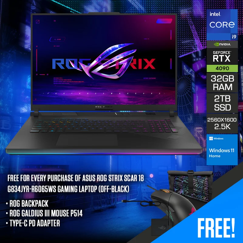 Asus ROG Strix Scar 18 G834JYR-R6065WS Gaming Laptop (Off-Black) | 18" 2.5K (2560X1600) WQXGA IPS 240HZ | i9-14900HX | 16GB X2 RAM | 1TB X2 SSD | RTX 4090 | Windows 11 Home + ROG Backpack + ROG Galdius III Mouse P514 + Type-C PD Adapter