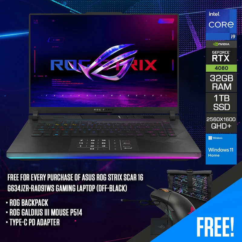 Asus ROG Strix Scar 16 G634JZR-RA091WS Gaming Laptop (Off-Black) | 16" QHD+ (2560X1600) Mini Led 240HZ | i9-14900HX | 16GB X2 RAM | 1TB SSD | RTX 4080 | Windows 11 Home | ROG Backpack | ROG Galdius III Mouse P514 | TYPE-C PD Adapter