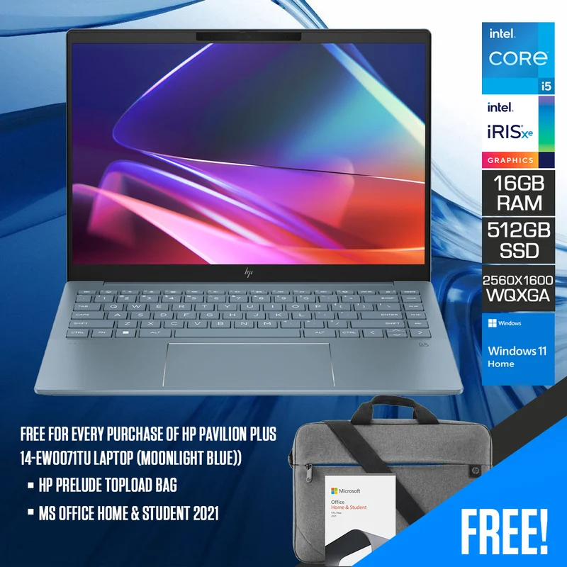HP Pavilion Plus 14-EW0071TU Laptop (Moonlight Blue) | 14" WQXGA (2560X1600) | i5-1335U 16GB RAM | 512GB SSD | Intel Iris XE Windows 11 HOME | MS Office Home & Student 2021 | HP Prelude Topload Bag