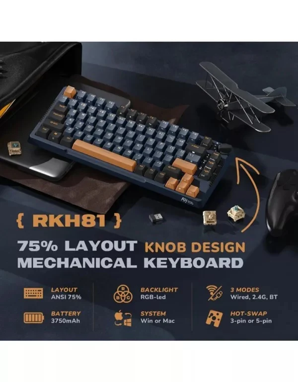 Royal Kludge RK-H81 Tri-Mode RGB 81 Keys Hot Swappable Mechanical Keyboard Star Night (Sky Cyan, Brown, Blue Switch)