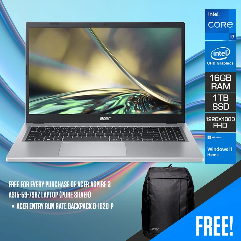 Acer Aspire 3 A315-59-79BZ Laptop (Pure Silver) | 15.6" 1920 x 1080 IPS | Core i7-1255U | 16GB RAM | 1TB SSD | Intel UHD Graphics | Windows 11 Home | Acer Entry Run Rate Backpack B-1620-P
