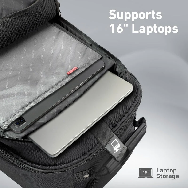 Promate Mogul-TR 2-in-1 Secure Storage Water Resistant Trolley Bag for 16" Laptop With Multiple Large Compartments