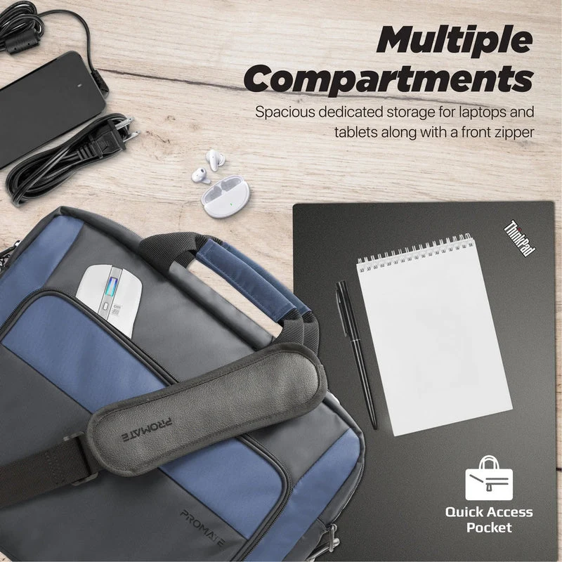 Promate Limber-MB 15.6" Large Capacity Messenger Bag Water Resistant With Multiple Compartments (Black)