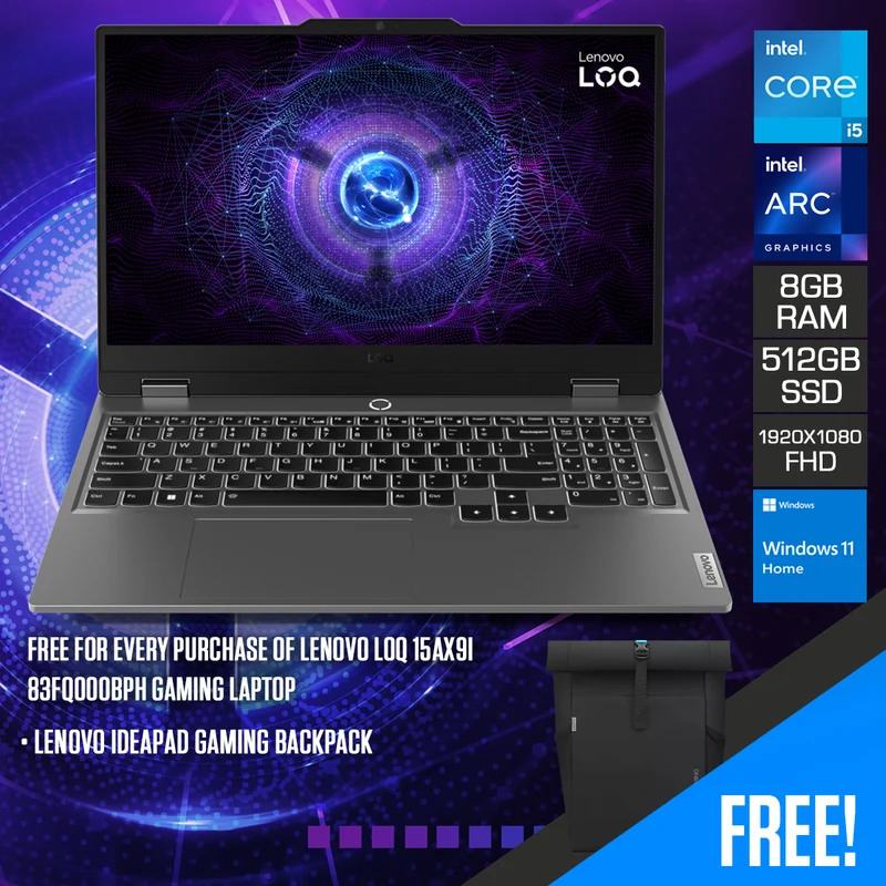 Lenovo LOQ 15IAX9I 83FQ000BPH Gaming Laptop (Luna Grey) | 15.6" FHD (1920X1080) IPS 144HZ | I5-12450HX | 8GB RAM | 512GB SSD | Intel Arc A530M | Windows 11 Home | Lenovo Ideapad Gaming Backpack