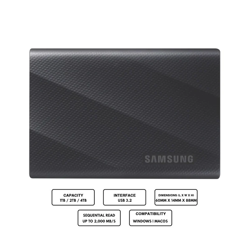 Samsung T9 USB 3.2 Gen 2X2 Read/Write Speeds Of Up To 2,000 MB/S Portable SSD (1TB, 2TB, 4TB)