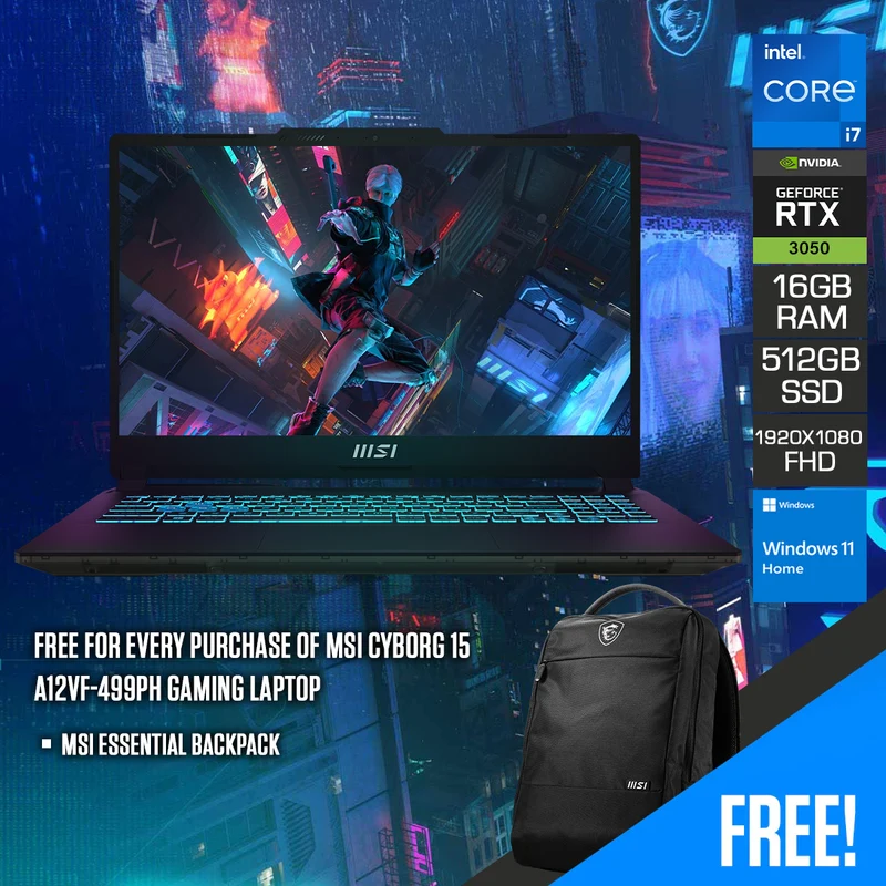 MSI Cyborg 15 A12VF-499PH Gaming Laptop | 15.6" FHD (1920X1080) IPS | 144HZ I7-12650H | 16GB RAM | 512GB SSD | RTX 4060 | Windows 11 Home | MSI Essential Backpack